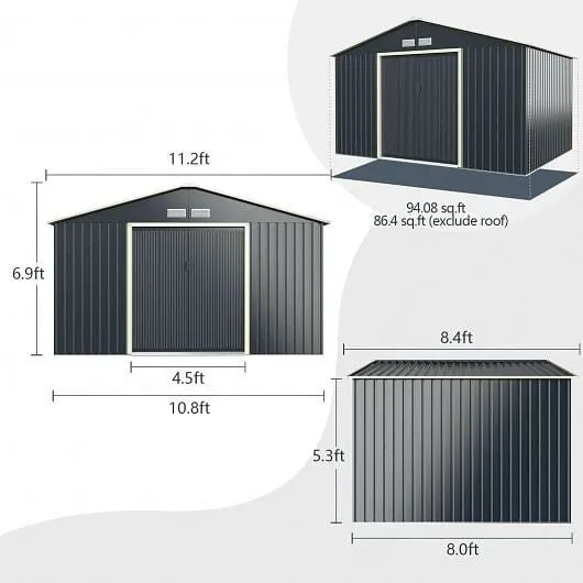 11 x 8 Feet Metal Storage Shed for Garden and Tools with 2 Lockable Sliding Door