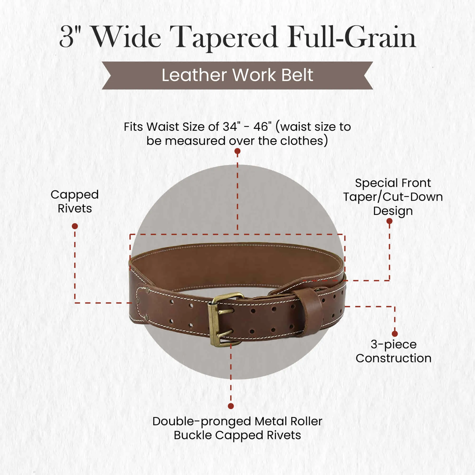 98437 - 3 Inch Wide Tapered Dark Tan Leather Work Belt | Style n Craft