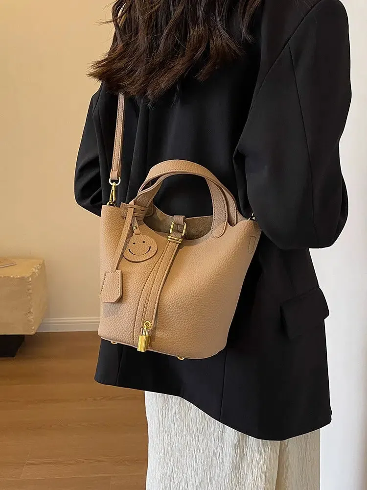 Adjustable Strap Leather Bucket Bag