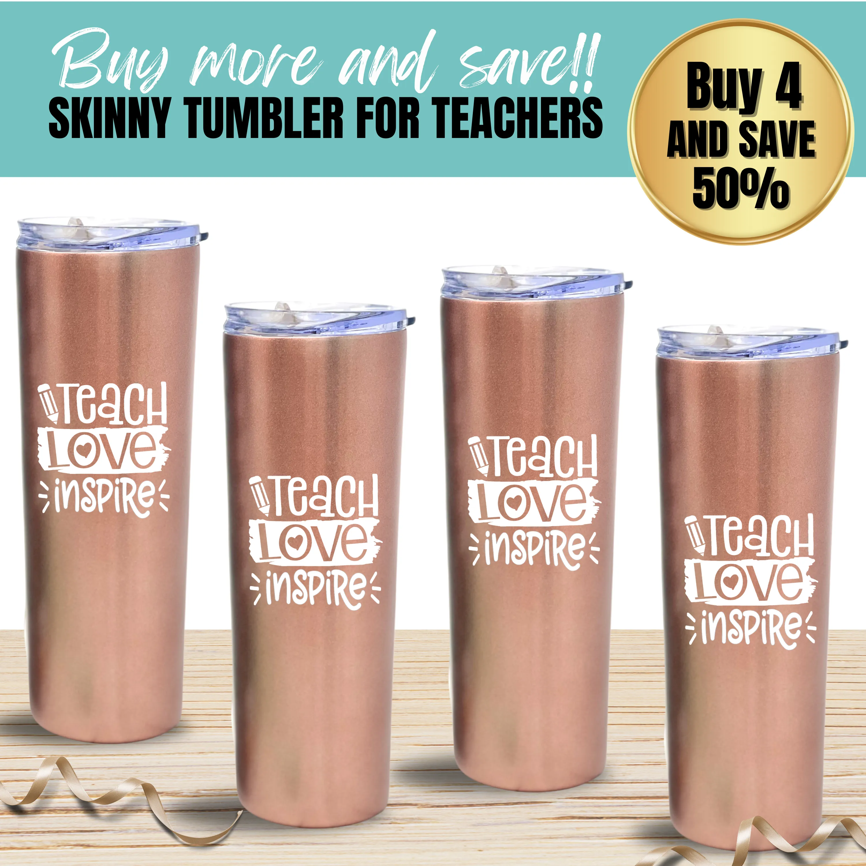 Brooke & Jess Designs Teacher Gifts for Women - Teacher Mug, Tumbler, Cup - Teacher Appreciation Gifts for Teachers, Gift Ideas for Birthday, New Teachers (Teach Love Inspire 20 oz Skinny 4 Pack)
