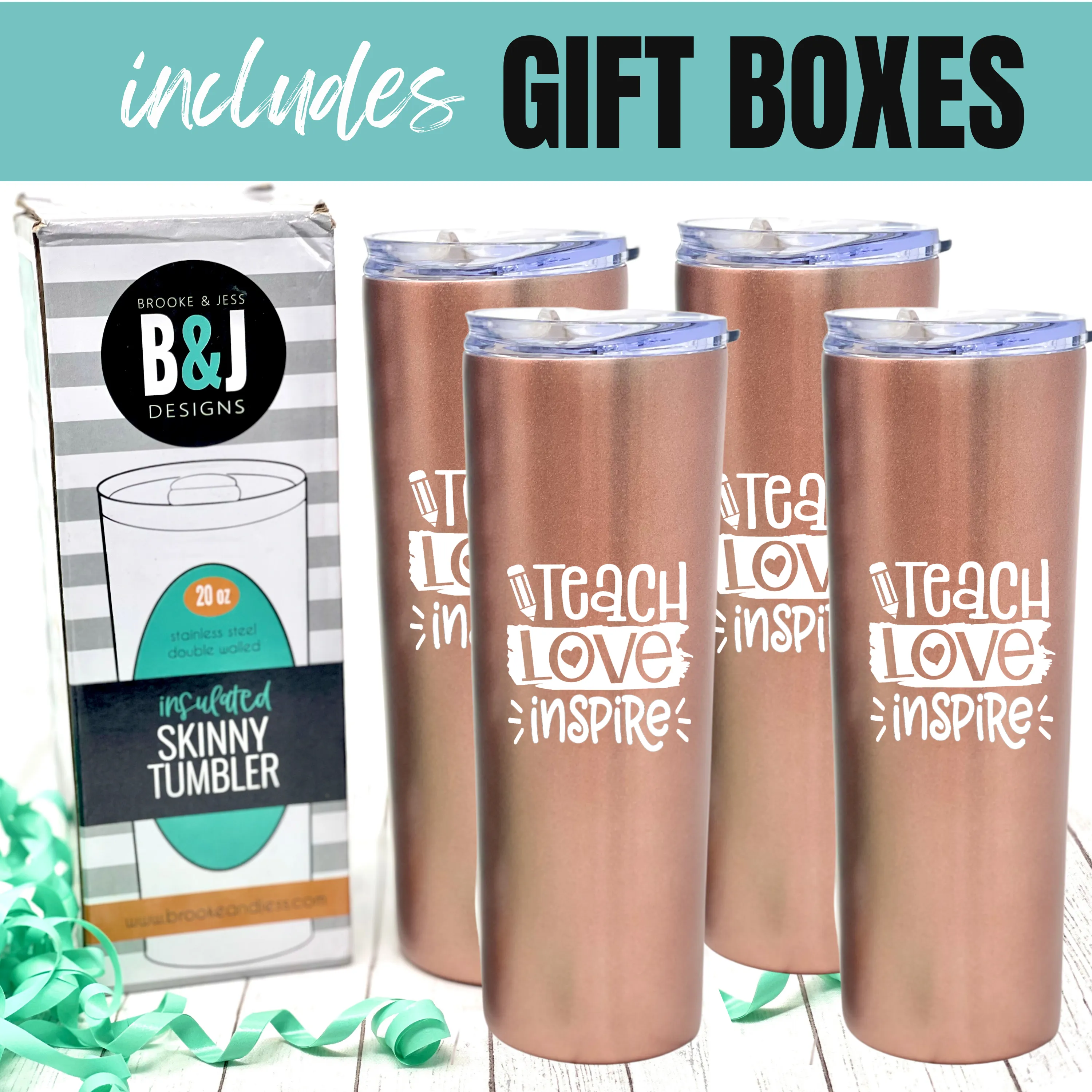 Brooke & Jess Designs Teacher Gifts for Women - Teacher Mug, Tumbler, Cup - Teacher Appreciation Gifts for Teachers, Gift Ideas for Birthday, New Teachers (Teach Love Inspire 20 oz Skinny 4 Pack)