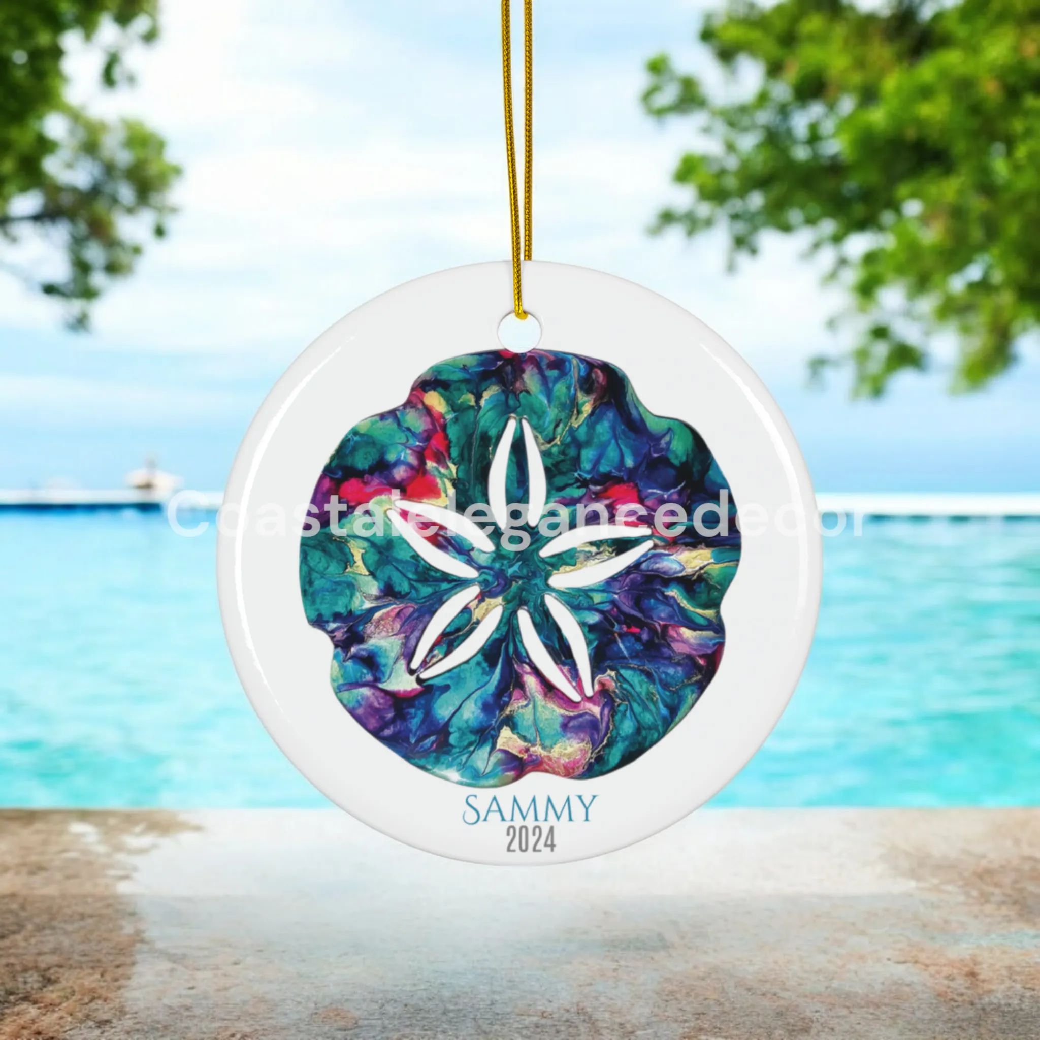 Ceramic Ornaments - Personalized Sand Dollar Art Print - Holiday Decoration or Gift