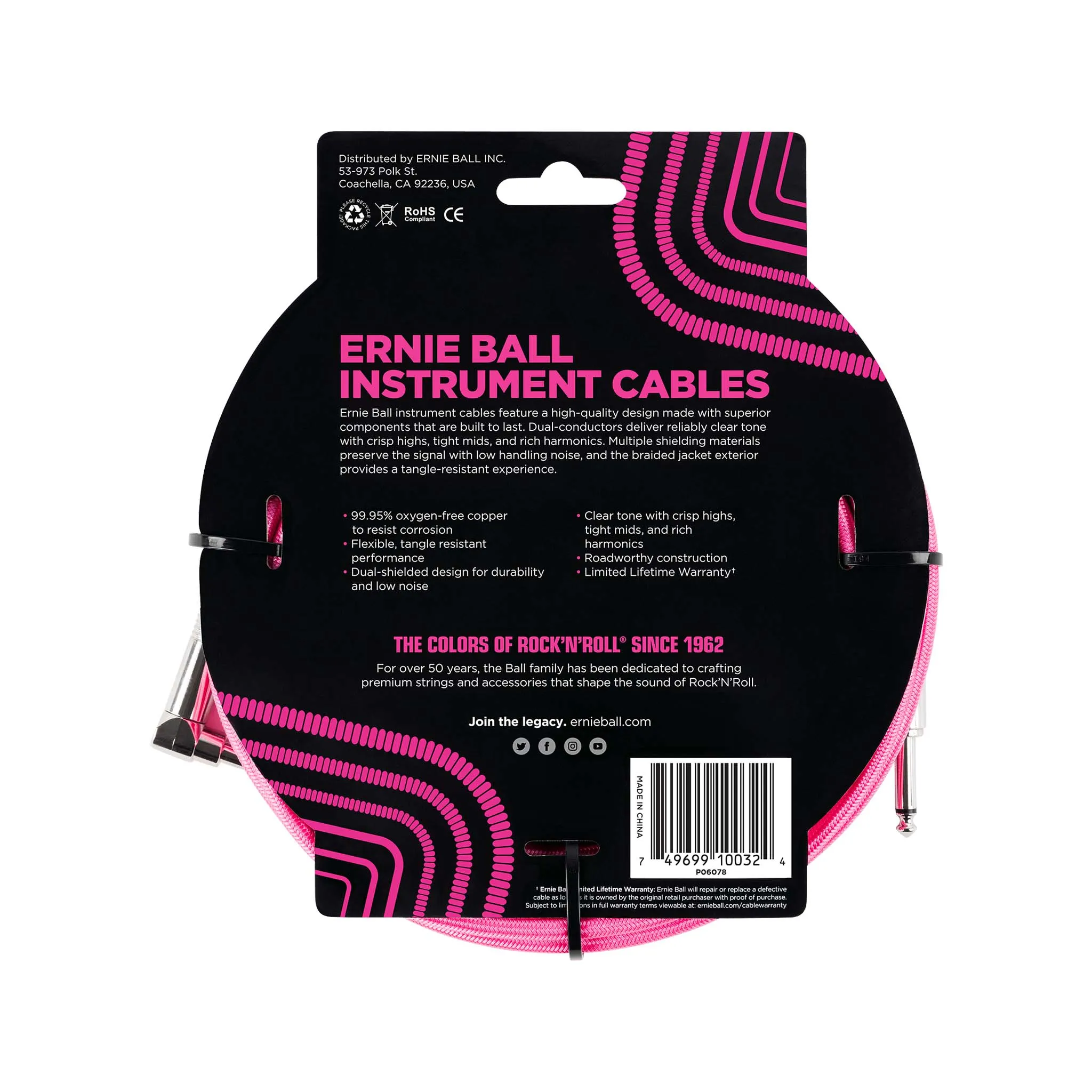 Ernie Ball 10FT Braided Straight to Angle Instrument Cable, Neon Pink