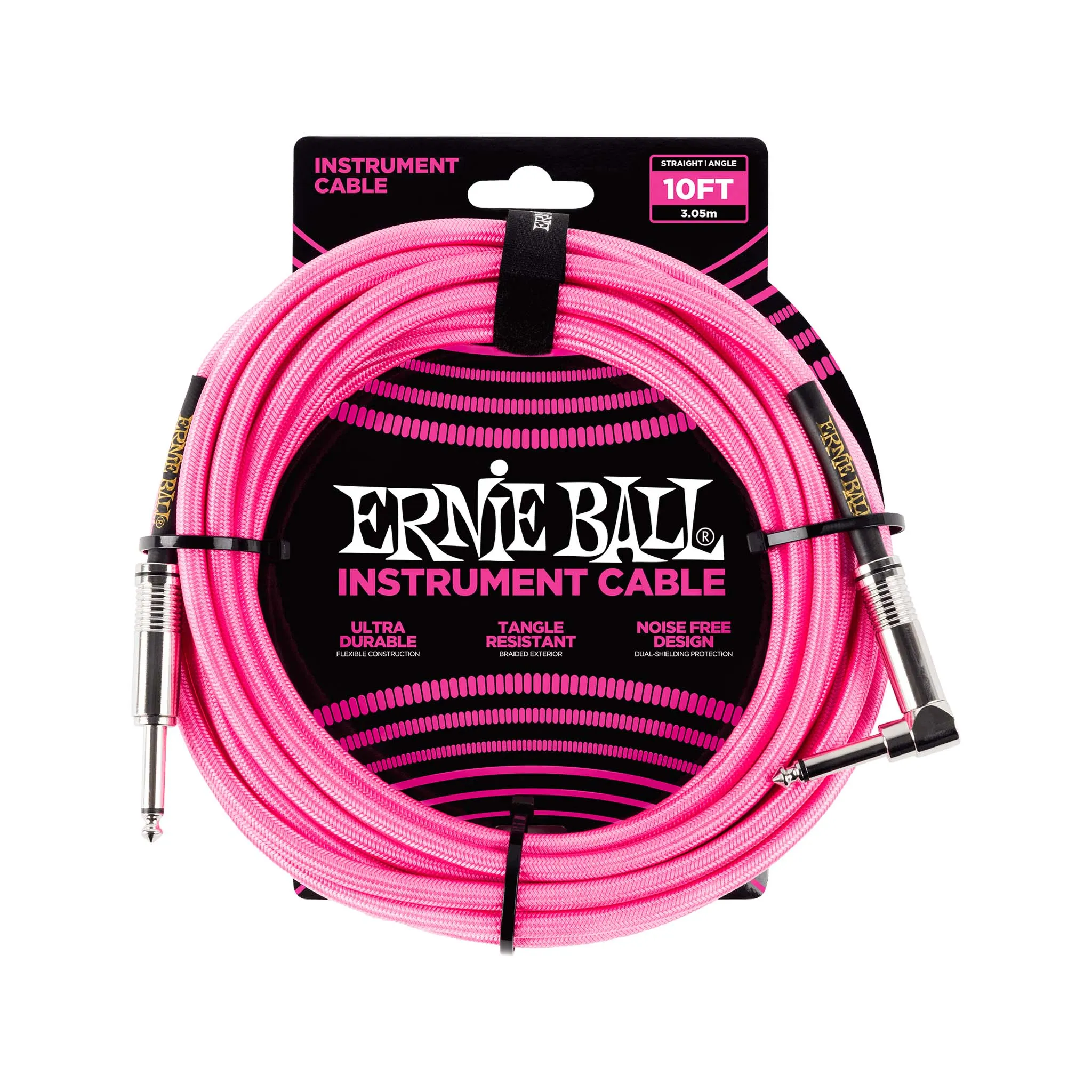 Ernie Ball 10FT Braided Straight to Angle Instrument Cable, Neon Pink