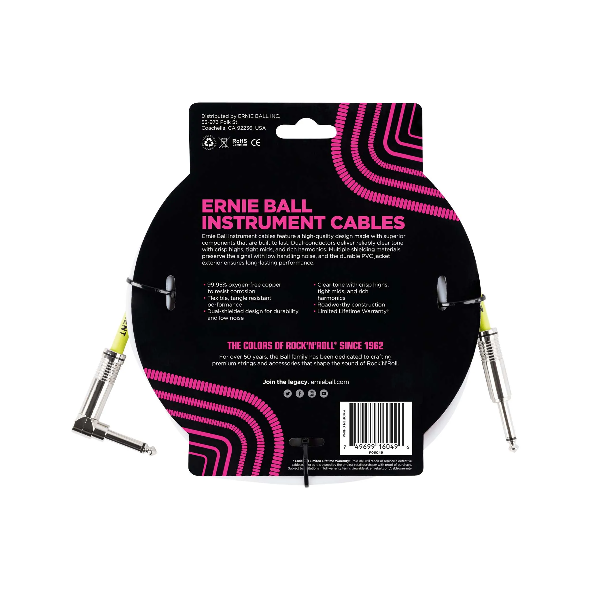 Ernie Ball 10ft Straight Angle Inst Cable White