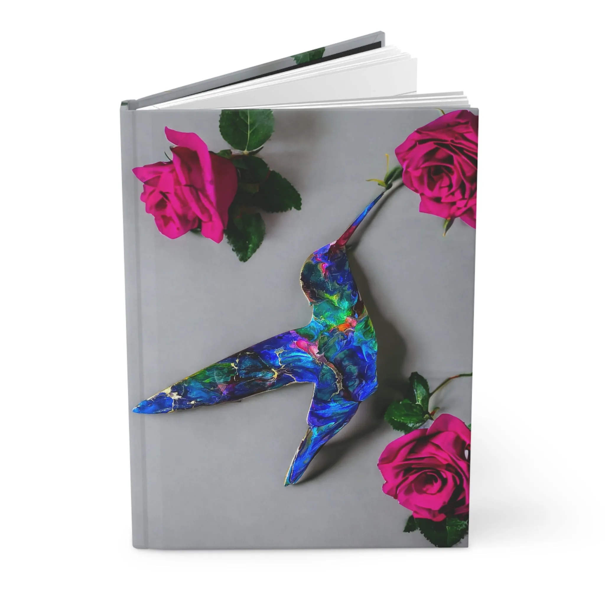 Gorgeous Blue Hummingbird with Pink Roses Hardcover Journal Matte