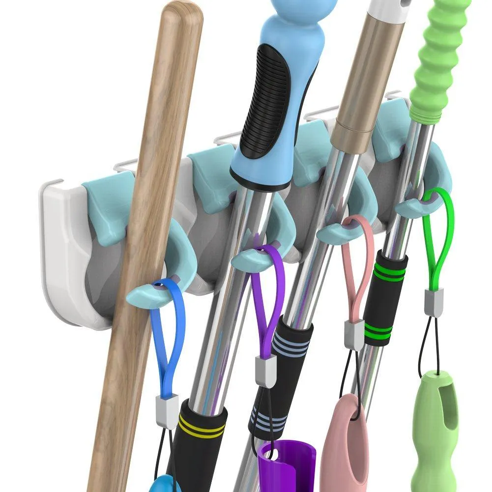 HITRENDS Broom Mop Holder - Garden Tool Organizer, Multipurpose Hooks Hangers for Bathroom, Laundry Room, Closet, Garden, Garage and Shed, Holds up to 20lb - No Trace - No Damage to The Wall