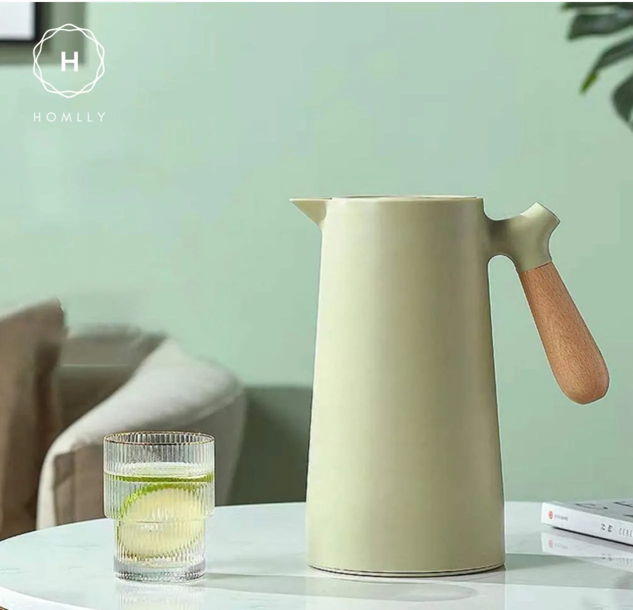 Homlly Thermal Double Walled Insulated Vacuum Flask Jug with Wooden Handle (1L)