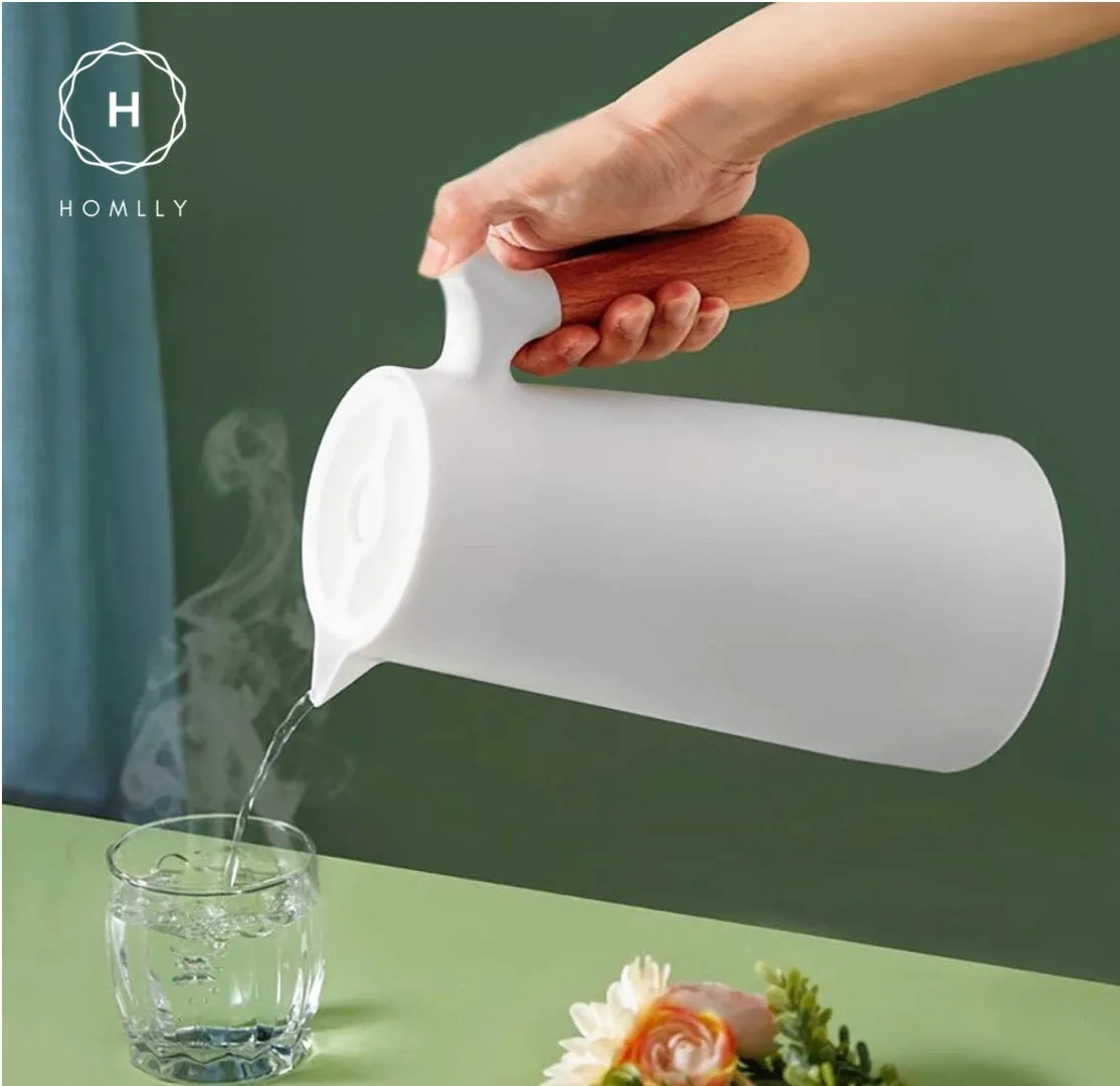 Homlly Thermal Double Walled Insulated Vacuum Flask Jug with Wooden Handle (1L)