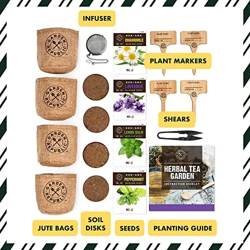 Indoor Herb Garden Seed Starter Kit - Herbal Tea Growing Kits, Grow Medicinal Herbs Indoors, Lavender, Chamomile, Lemon Balm, Mint Seeds for Planting, Soil, Plant Markers, Pots, Infuser, Planter Box