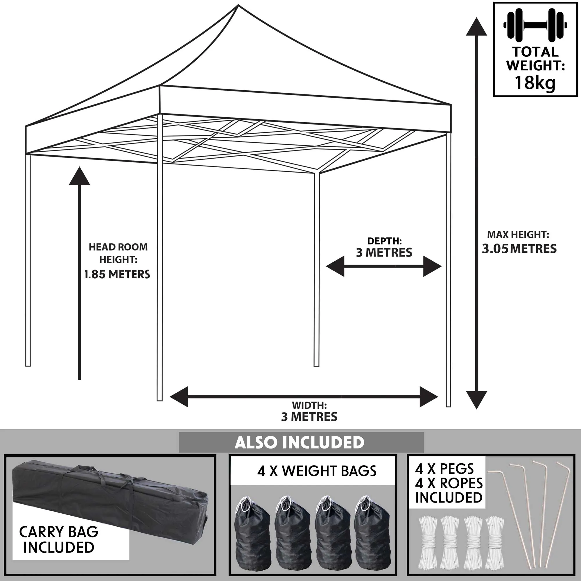 Premium 3x3m Pop-Up Gazebo, Water Resistant, Carry Bag, Stakes & Weight Bags - Grey - DG133