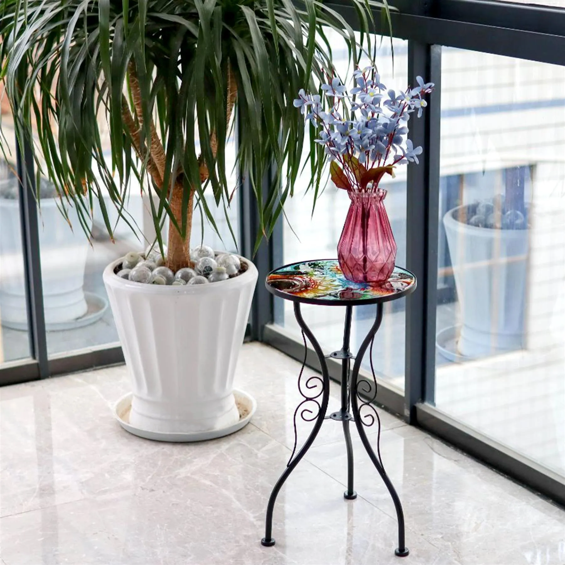 Round Side Mosaic Table With Sunflower Design