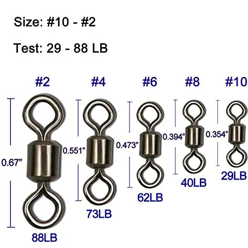 Shaddock Fishing 500pcs/box Size 2 4 6 8 10 Fishing Rolling Swivel High-Strength Stainless Steel Rolling Barrel Swivel Fishing Tackle-30Lb to 97 Lb
