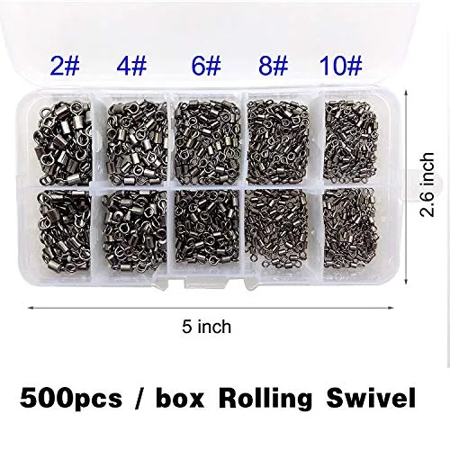 Shaddock Fishing 500pcs/box Size 2 4 6 8 10 Fishing Rolling Swivel High-Strength Stainless Steel Rolling Barrel Swivel Fishing Tackle-30Lb to 97 Lb