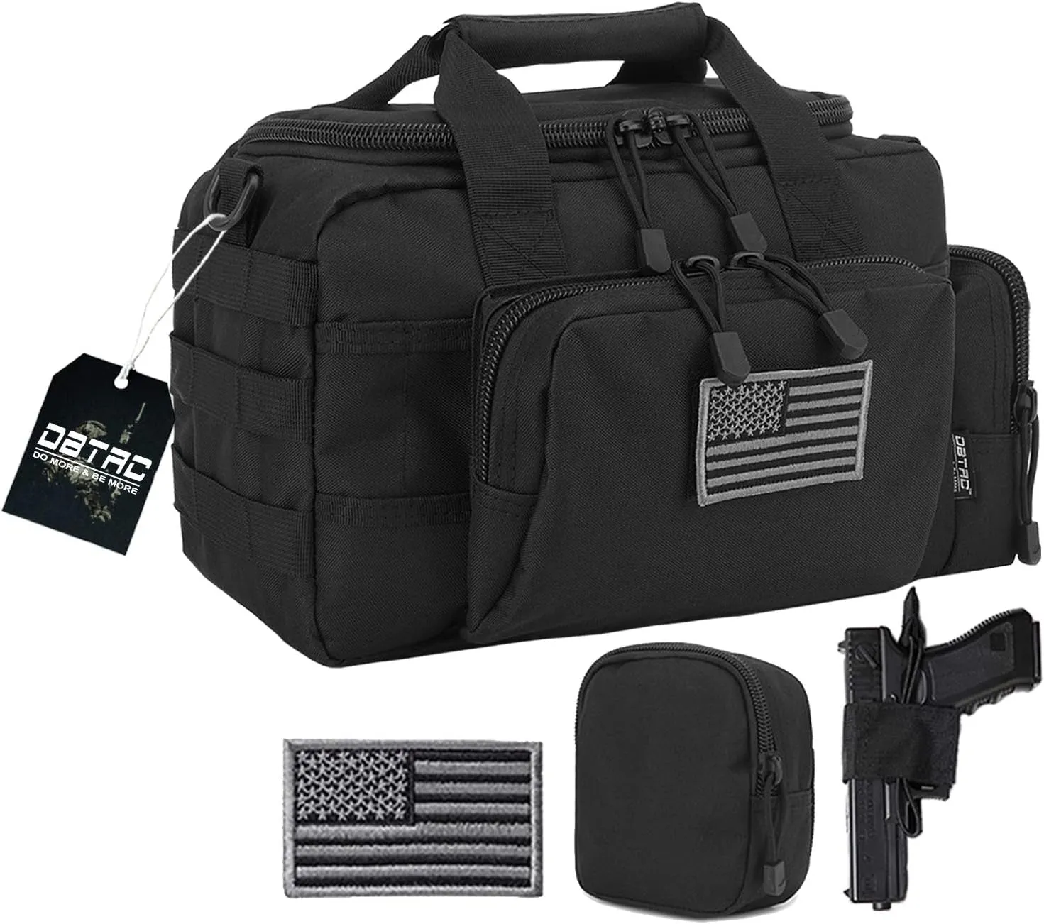 Tactical 2-Pistol Bag with Lockable Zip, US Flag Patch, MOLLE Pouch & Universal Holster