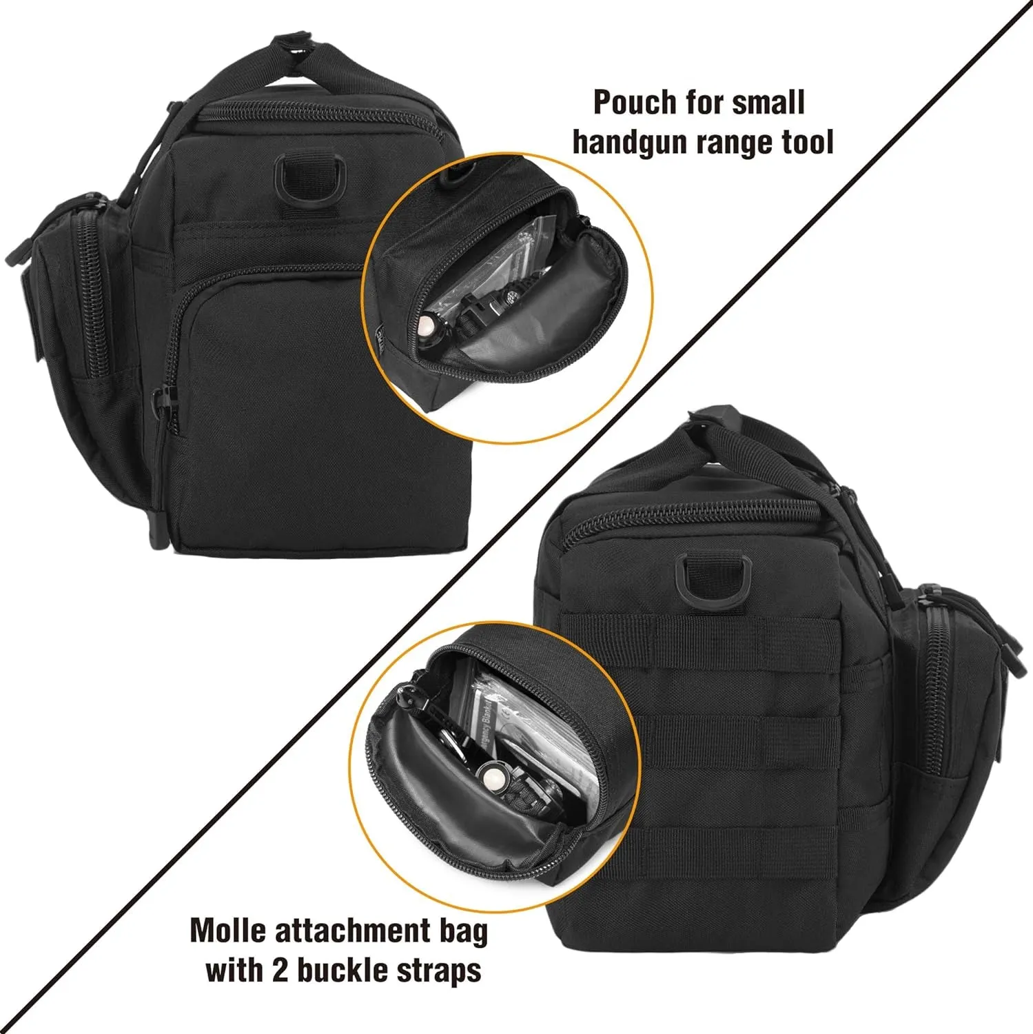 Tactical 2-Pistol Bag with Lockable Zip, US Flag Patch, MOLLE Pouch & Universal Holster