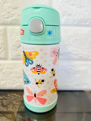Thermos FUNTAINER 12 Ounce Stainless Steel Vacuum Insulated Kids Straw Bottle, teal butterflies