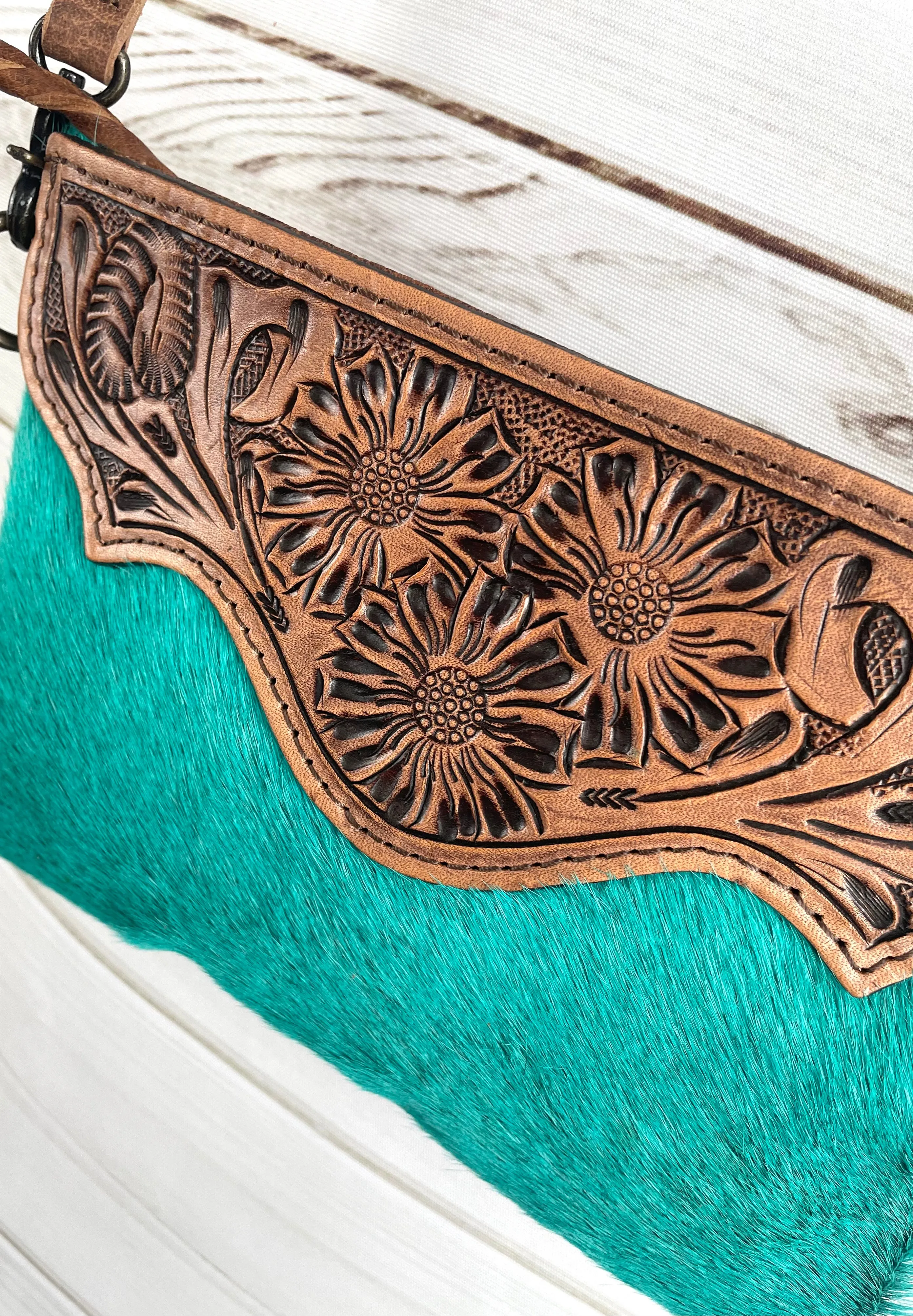 Turquoise Hide Leather Tooled Bag