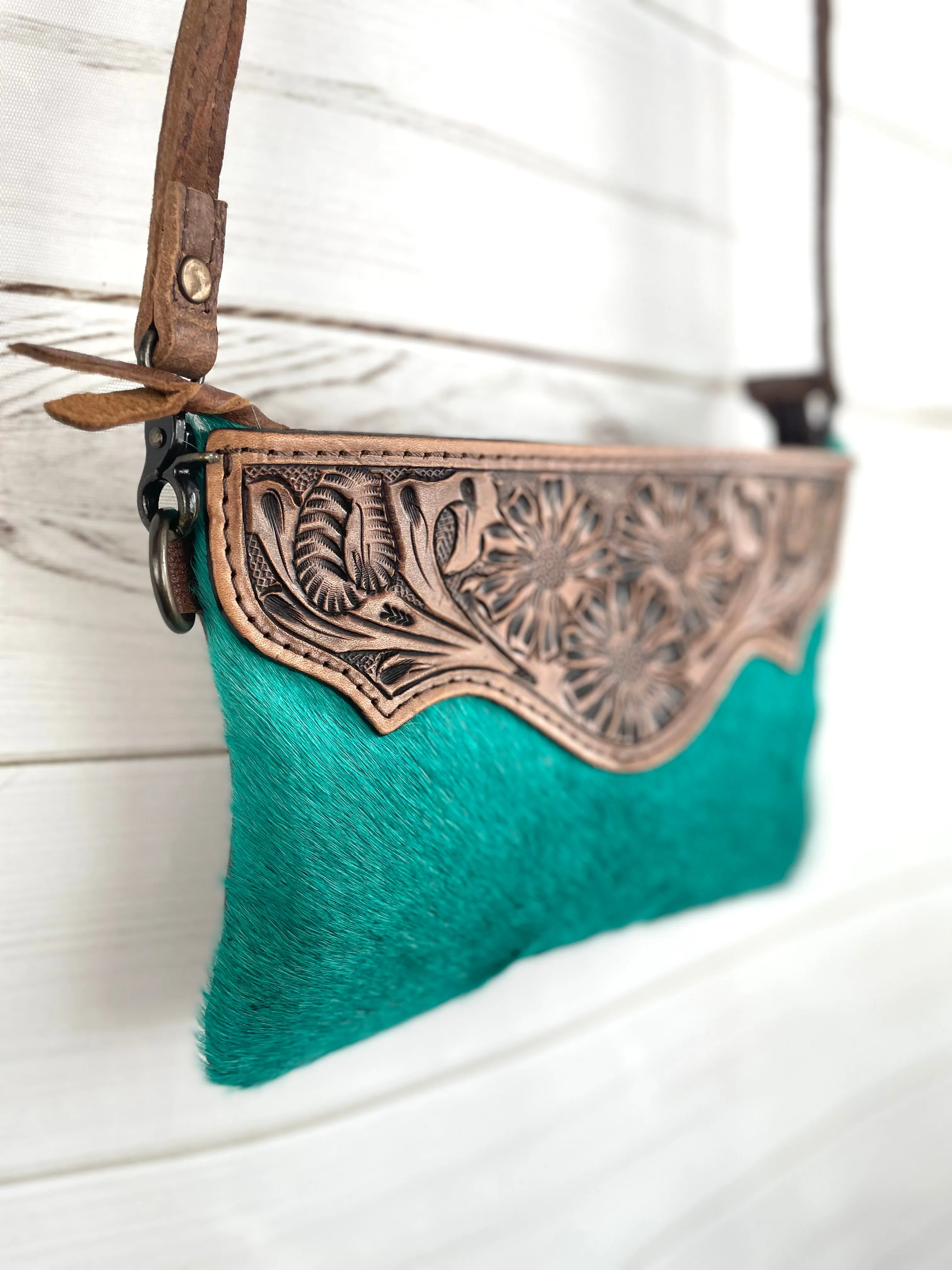Turquoise Hide Leather Tooled Bag