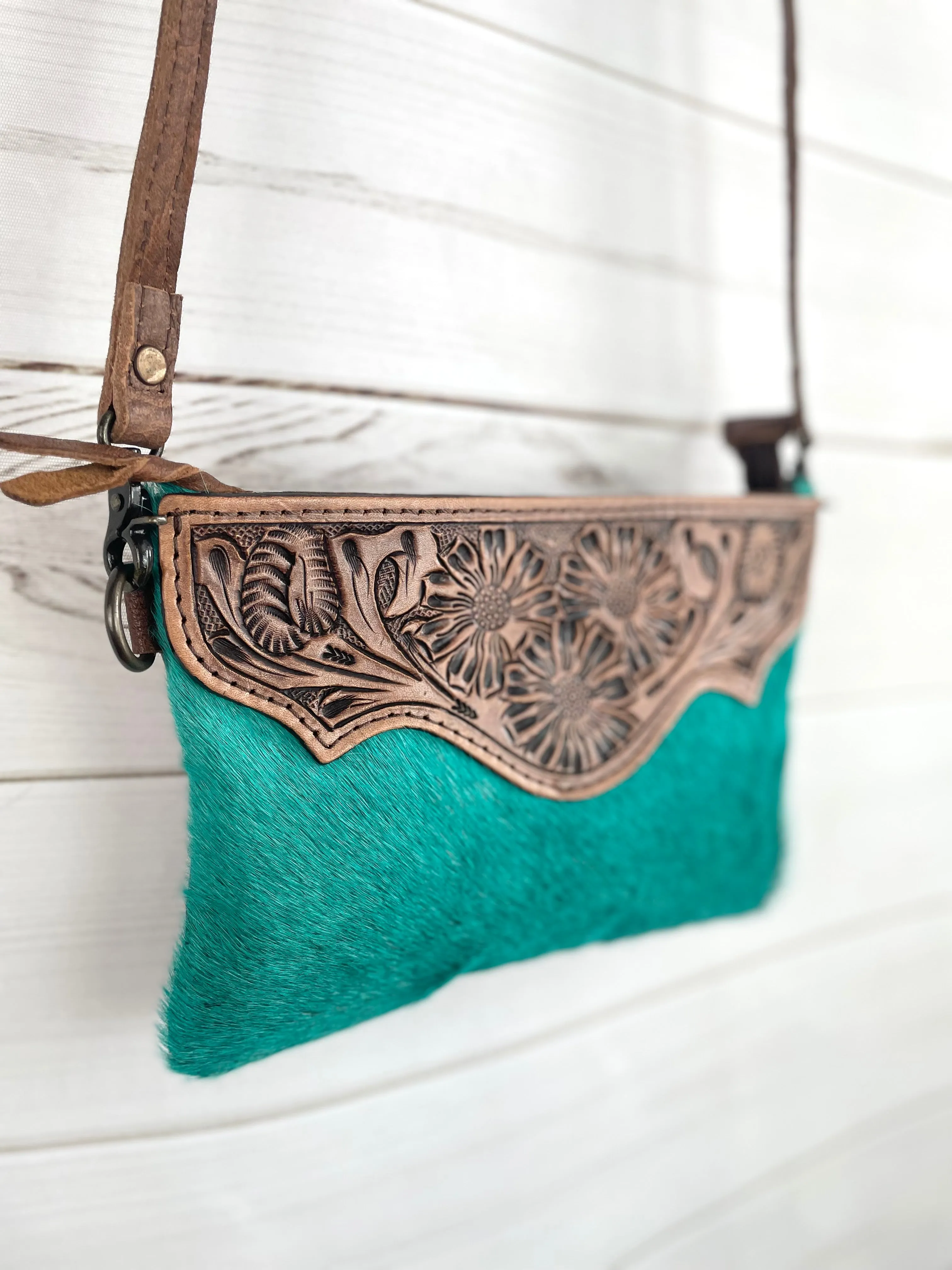 Turquoise Hide Leather Tooled Bag
