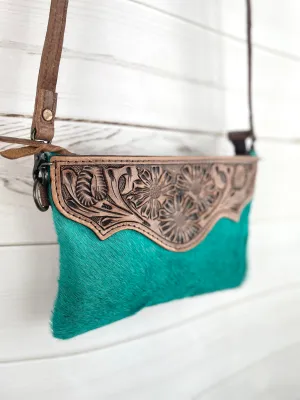 Turquoise Hide Leather Tooled Bag
