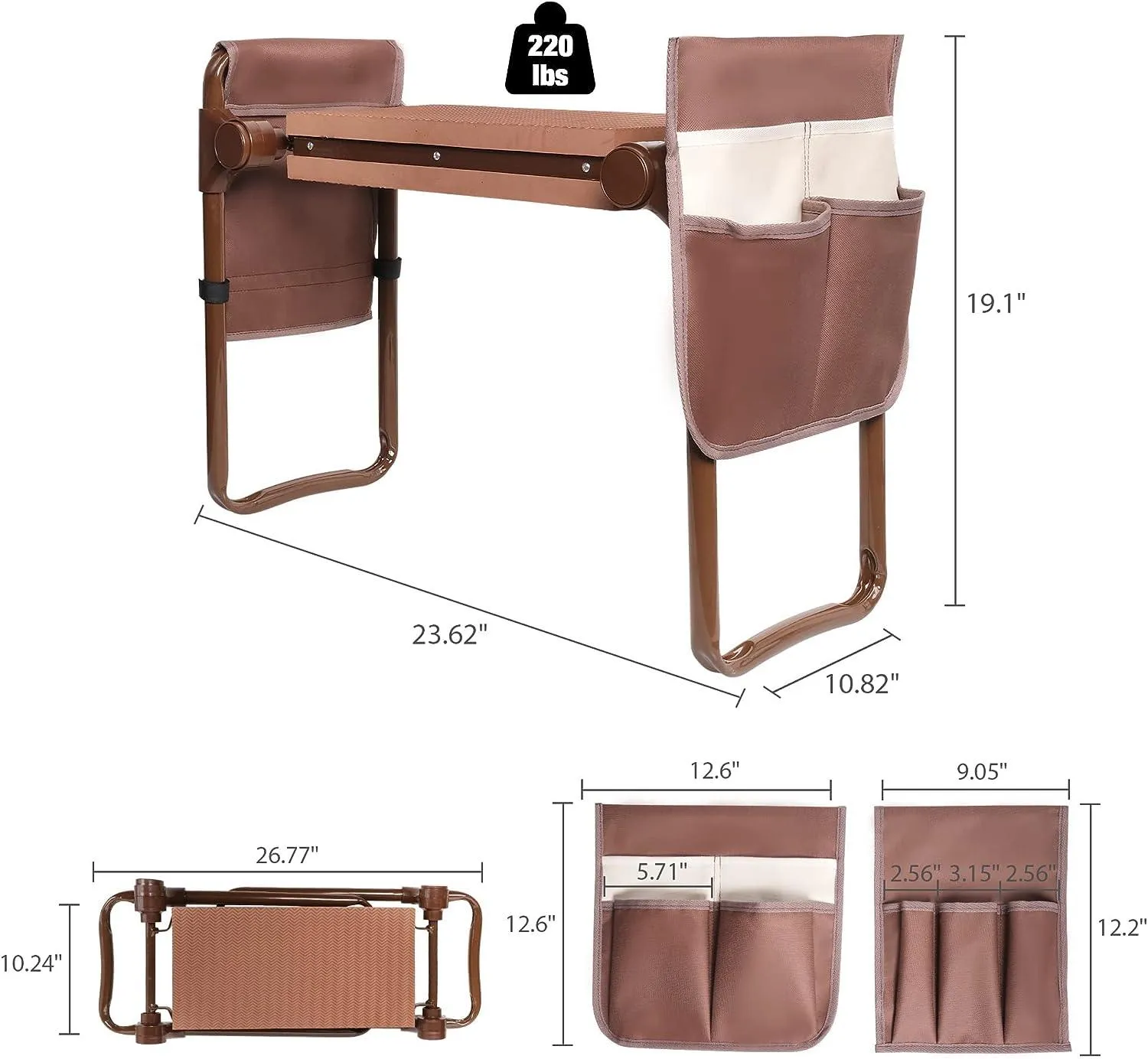 Widen Upgrade Garden Kneeler Seat Garden Stools Bench with 2 Tool Pouches, Brown