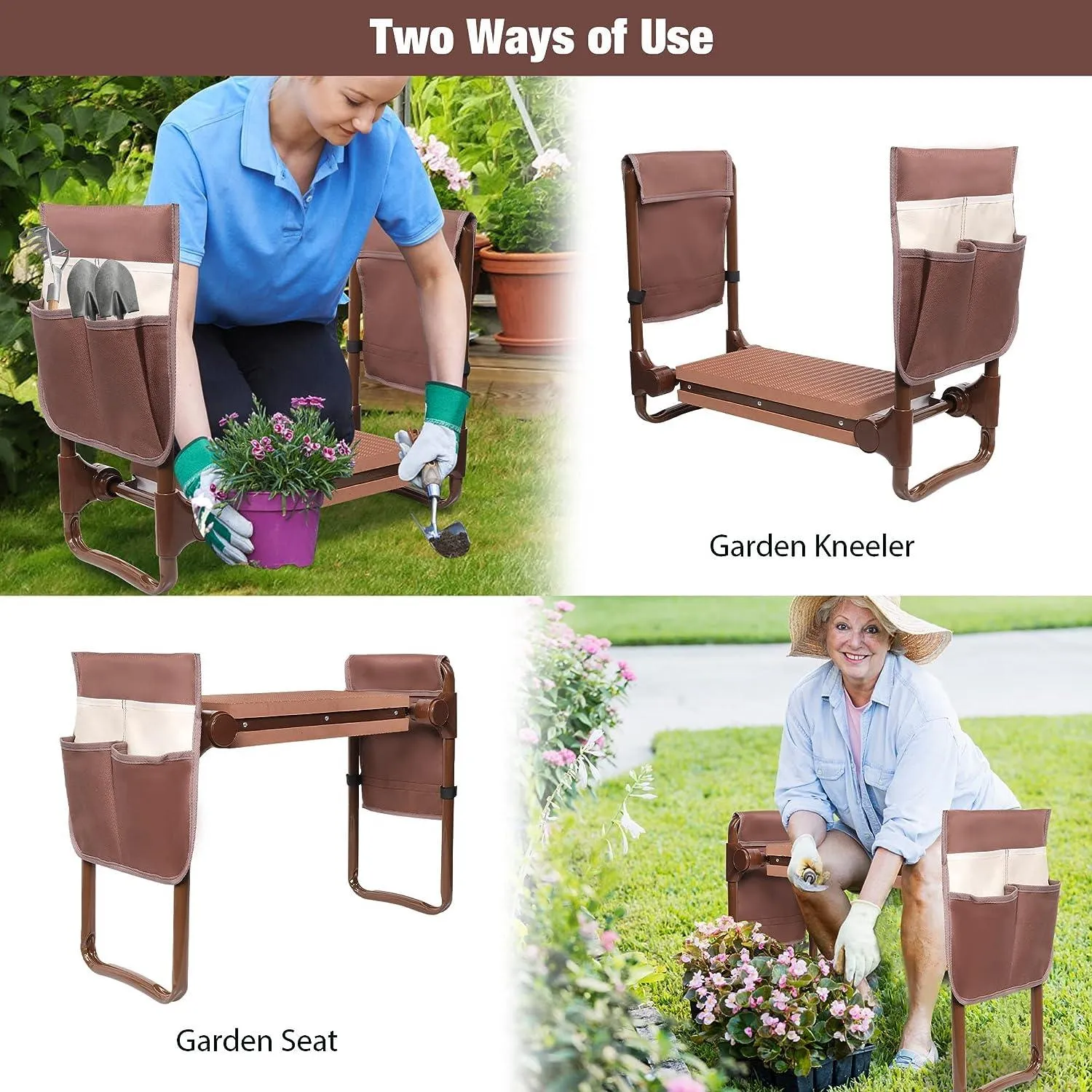 Widen Upgrade Garden Kneeler Seat Garden Stools Bench with 2 Tool Pouches, Brown