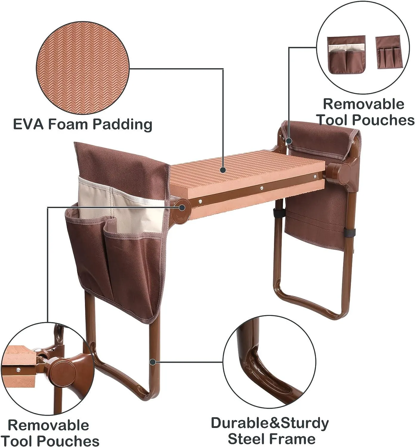 Widen Upgrade Garden Kneeler Seat Garden Stools Bench with 2 Tool Pouches, Brown