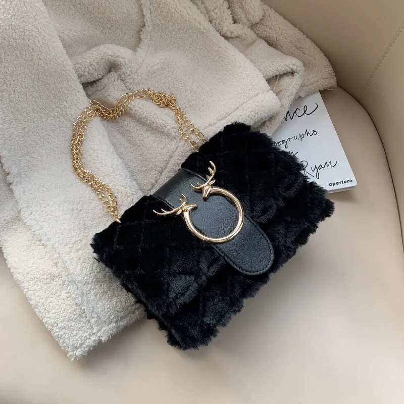 Women's Fashion Chain Lamb Wool Plush Western Crossbody Bags