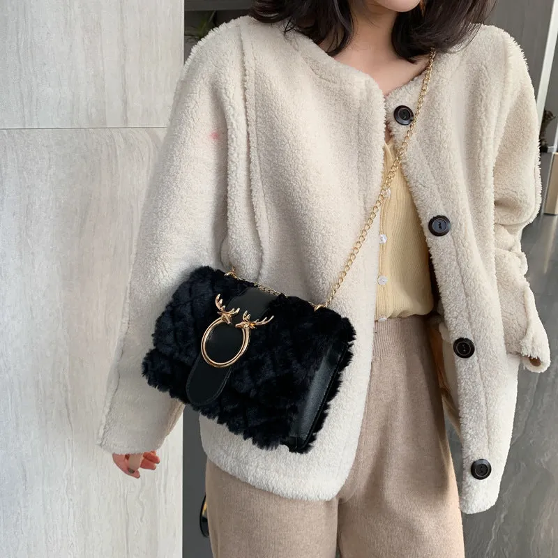 Women's Fashion Chain Lamb Wool Plush Western Crossbody Bags