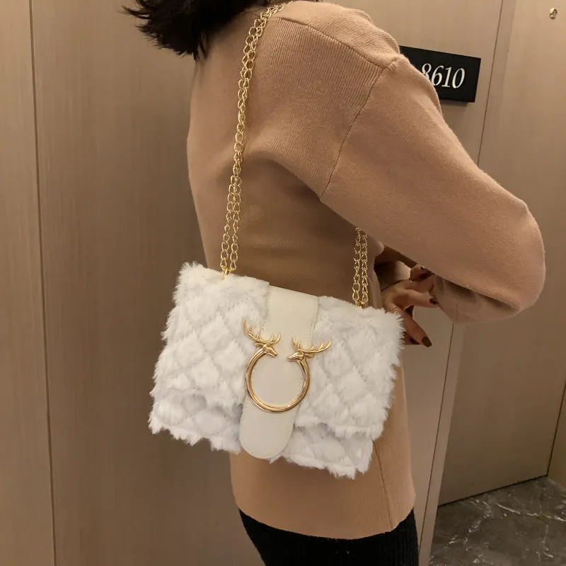 Women's Fashion Chain Lamb Wool Plush Western Crossbody Bags