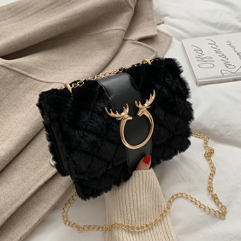 Women's Fashion Chain Lamb Wool Plush Western Crossbody Bags