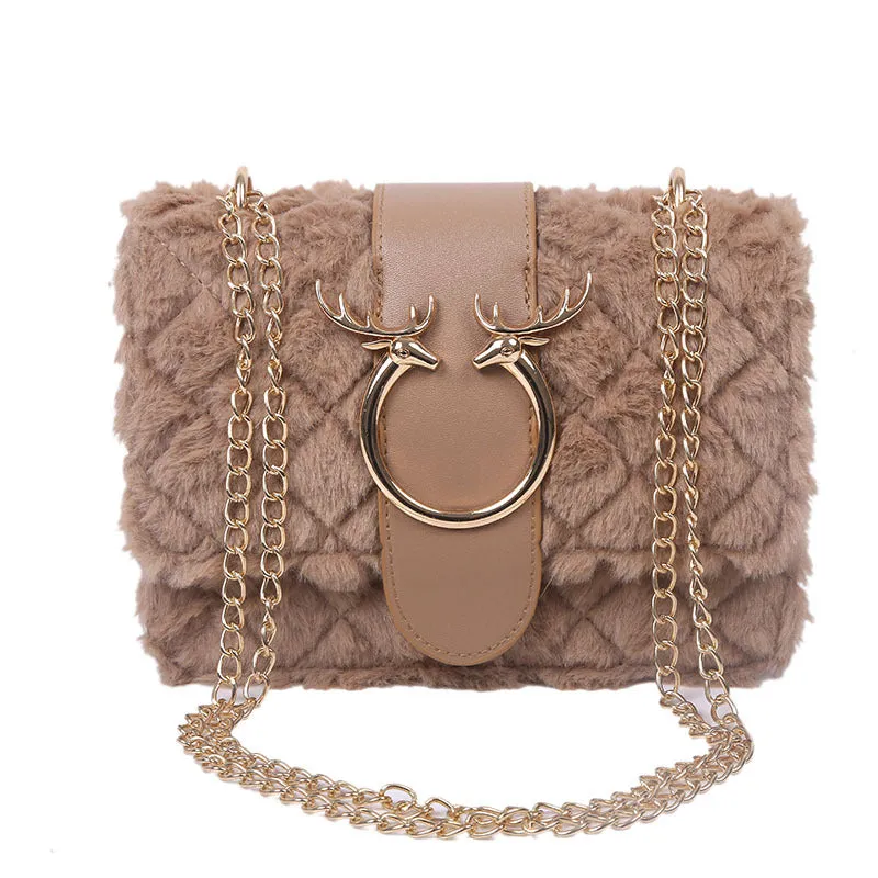 Women's Fashion Chain Lamb Wool Plush Western Crossbody Bags